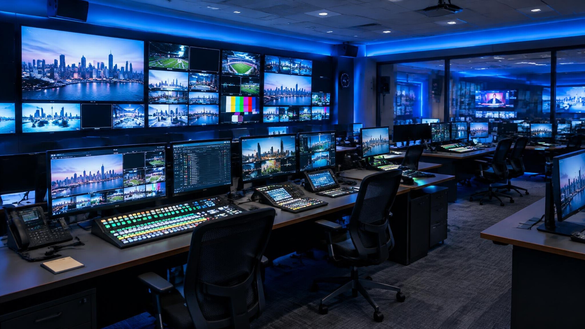 Wide view of a professional television broadcast control room