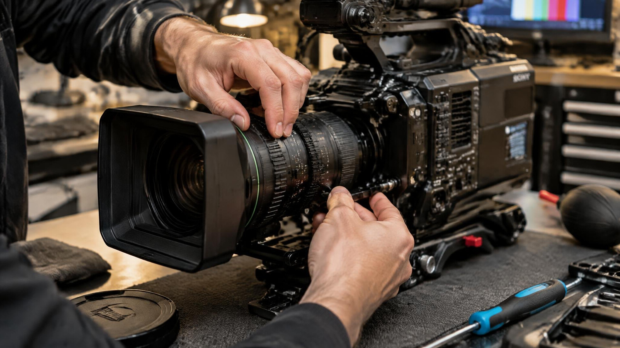 Technician inspecting professional broadcast camera equipment