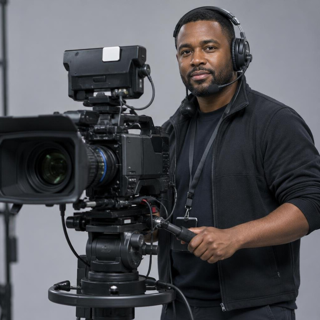 Camera operator filming with a professional broadcast television camera