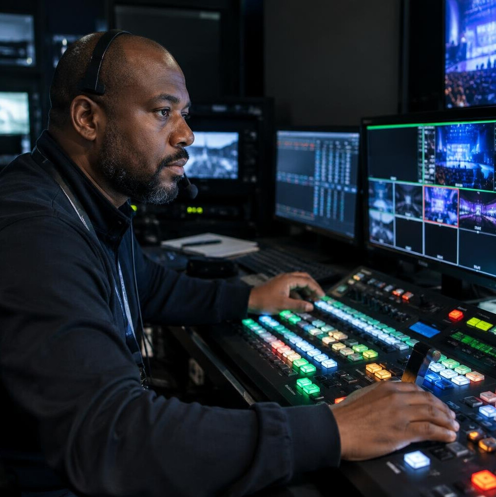 Broadcast engineer working at a live signal routing console