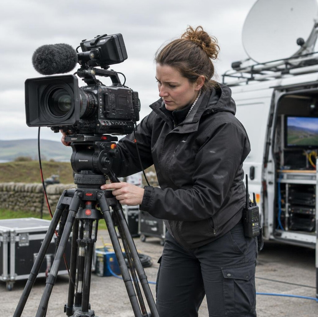 Broadcast crew member setting up an outside broadcast camera rig