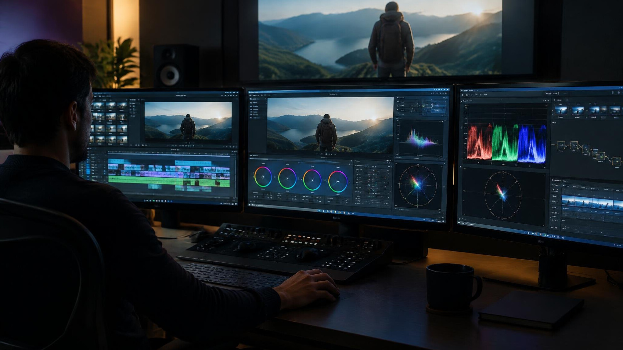 Video editing suite with multiple monitors for post-production