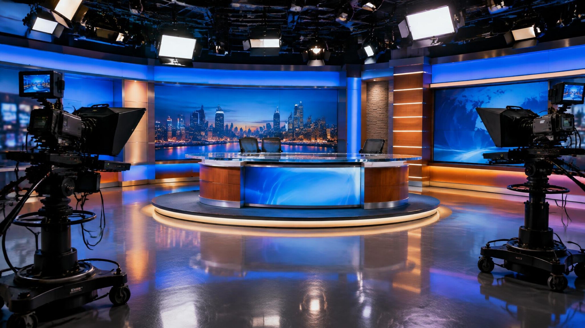 Television news studio set with anchor desk and studio lighting