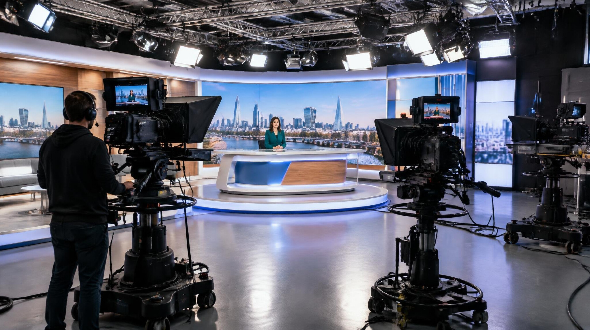 Television studio production set with cameras and lighting rigs