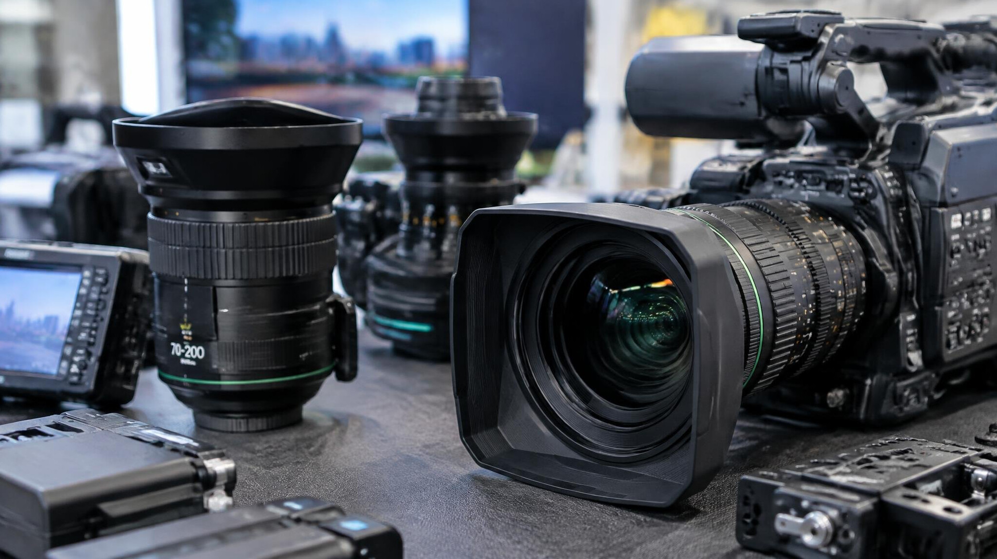 Close-up of professional broadcast camera equipment and lenses