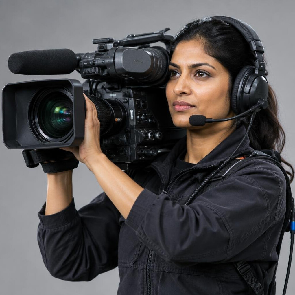 Camera operator filming a live event with a professional television camera