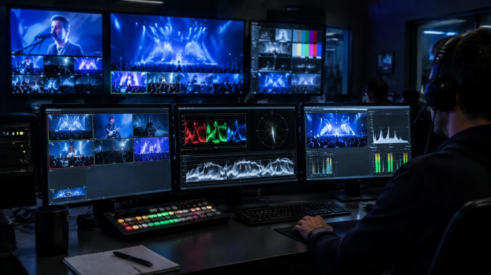 Technician monitoring live video signal feeds on multiple screens