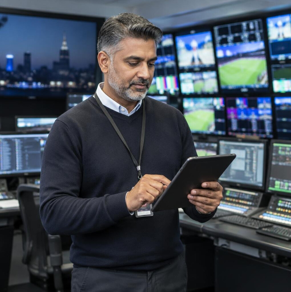 Broadcast operations supervisor reviewing feeds on a tablet