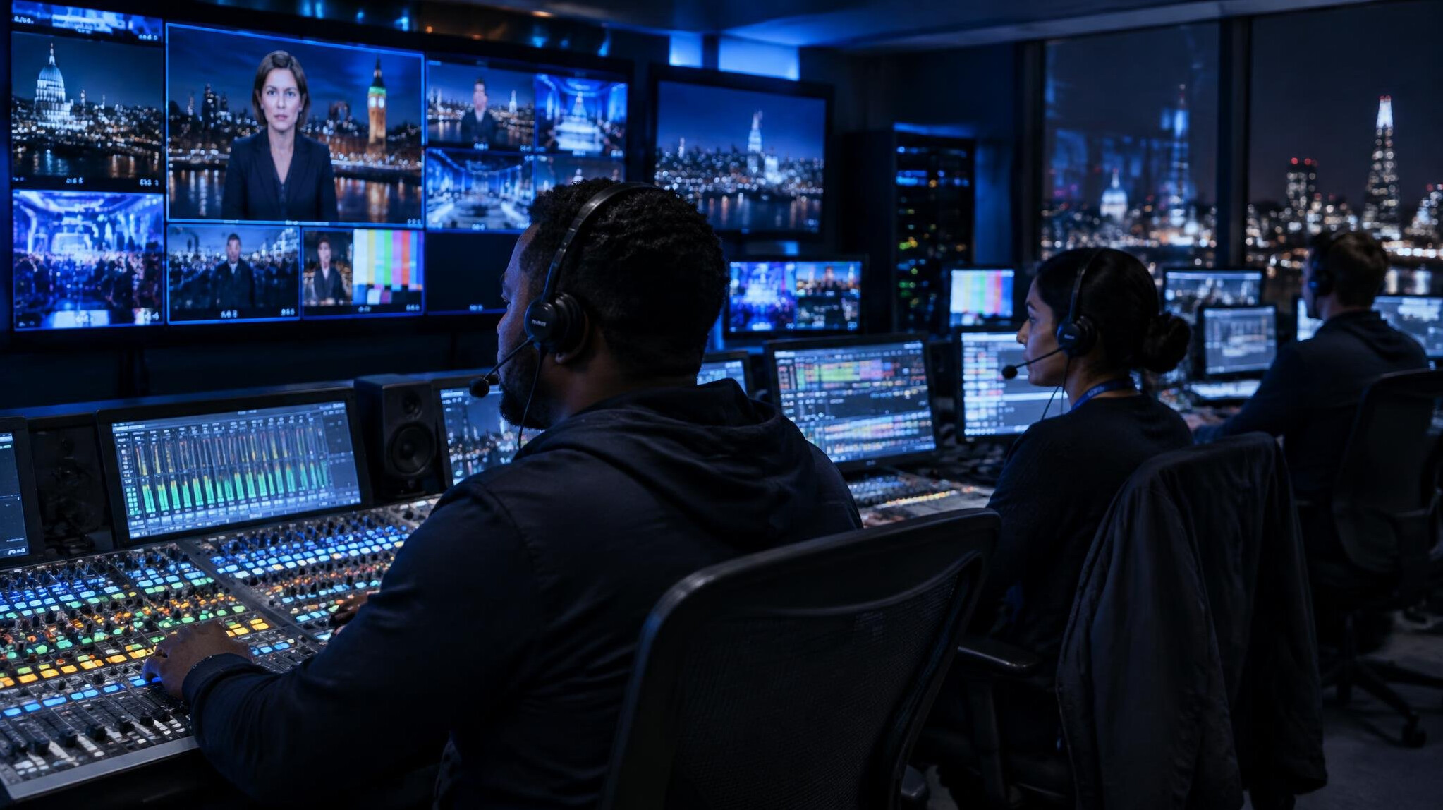 Television broadcast control room with technicians monitoring live feeds